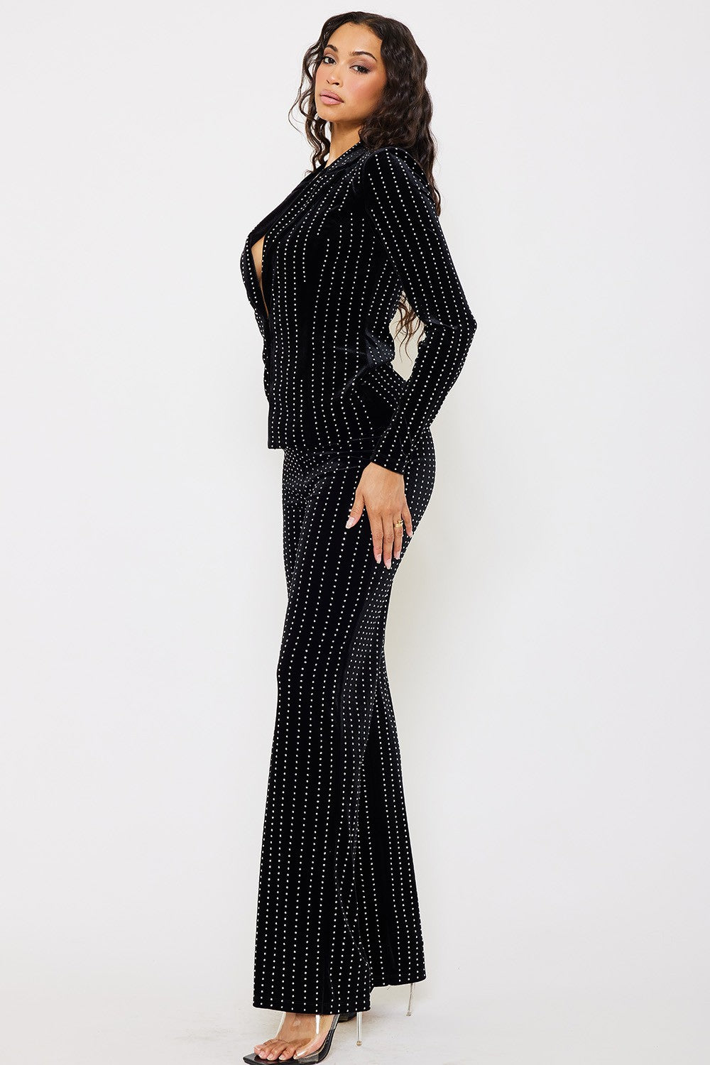 2pc set- rhinestone stripe velvet blazer & pants