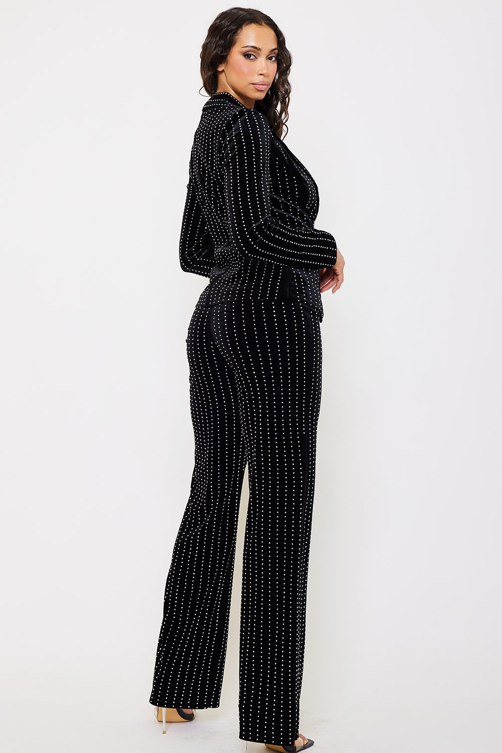 2pc set- rhinestone stripe velvet blazer & pants