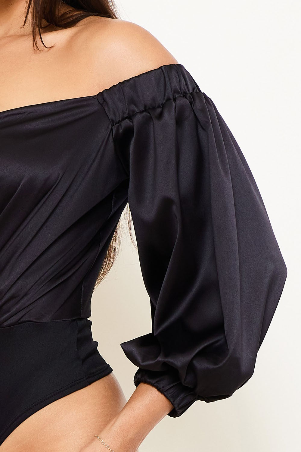 satin surplice off the shoulder bodysuit