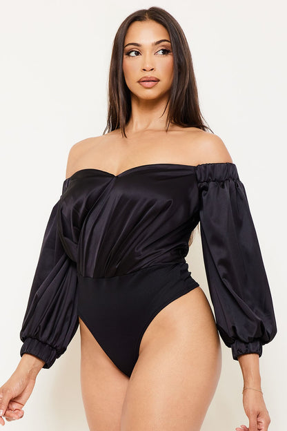 satin surplice off the shoulder bodysuit