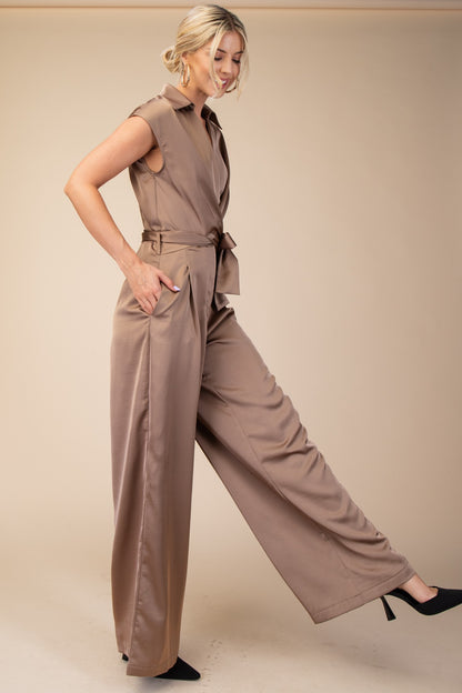 satin surplice wide leg jumpsuit