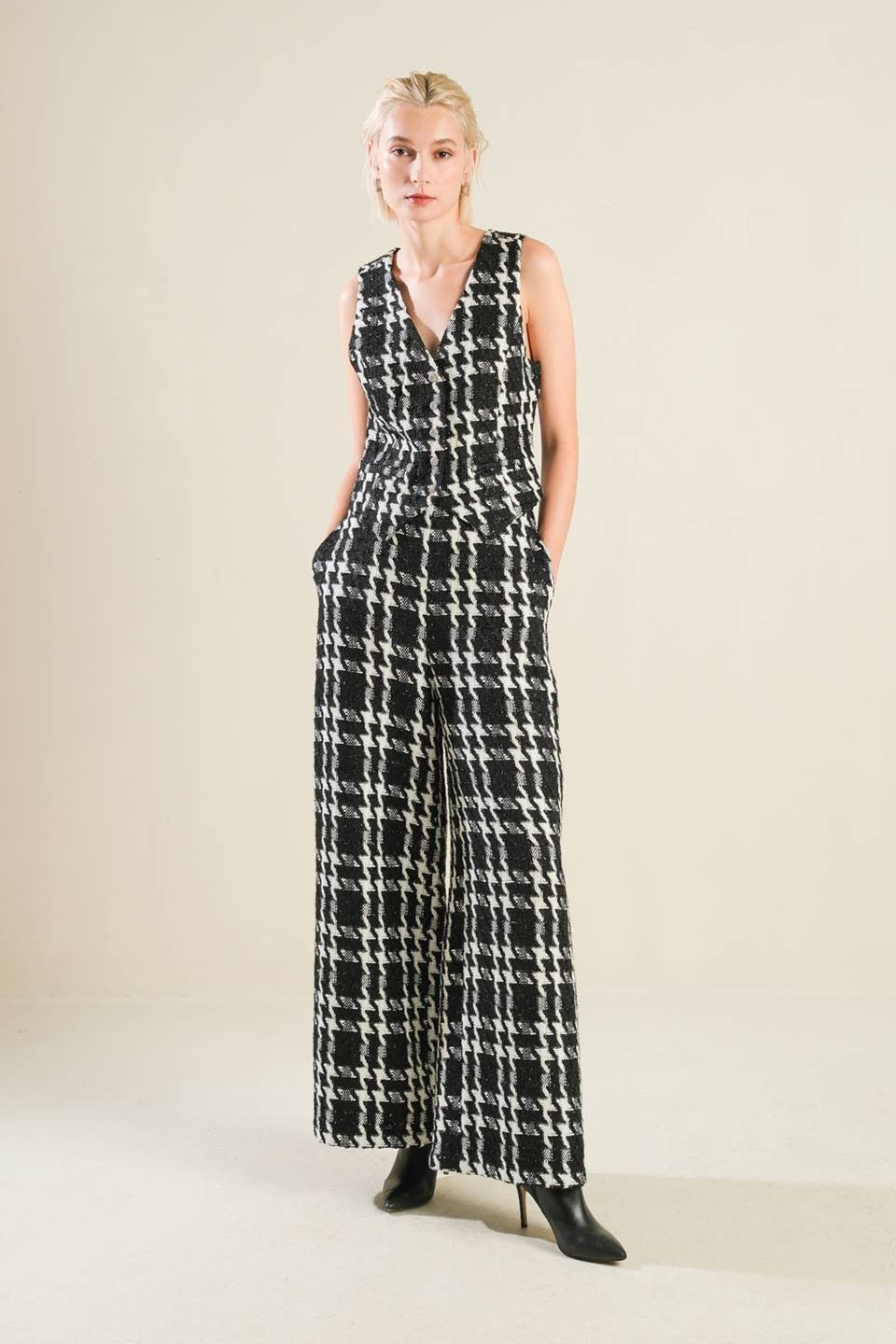 lurex plaid tweed wide leg pants