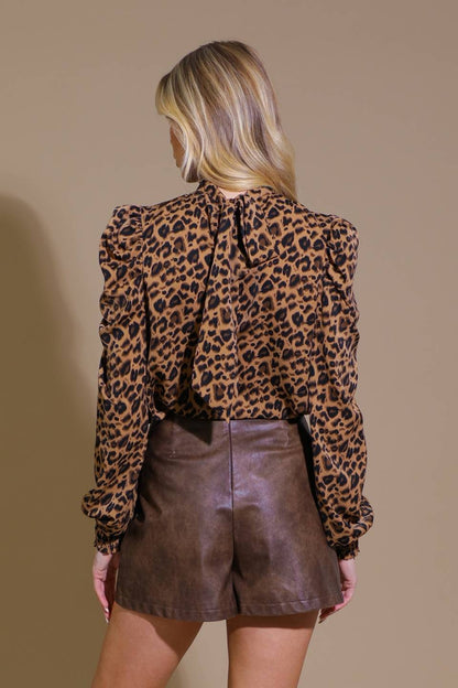 Back Tied Mock Neck Long Sleeve Leopard Print Top