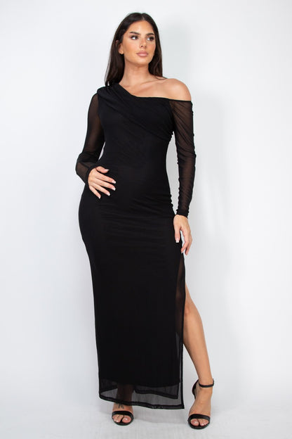 Off One Shoulder Slit Mesh Maxi Dress