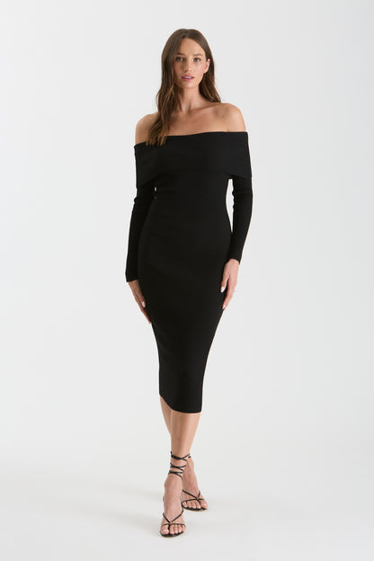 off the shoulder ribbed midi dress