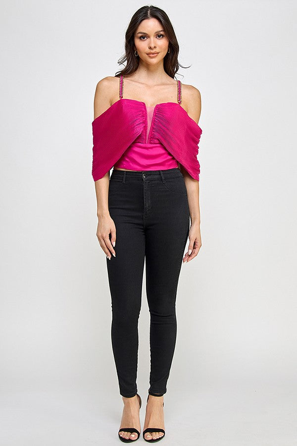 Chain Strap Pleated Off Shoulder Top