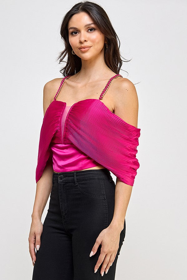 Chain Strap Pleated Off Shoulder Top