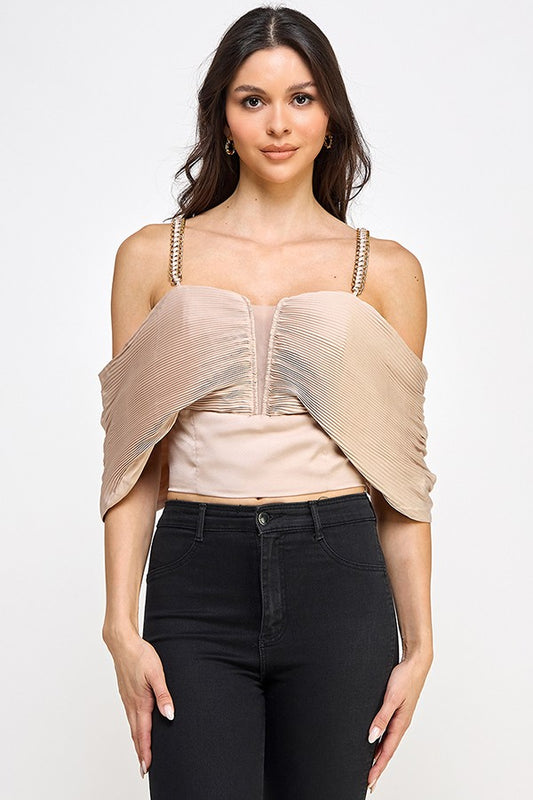 Chain Strap Pleated Off Shoulder Top