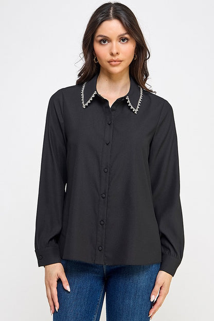 Rhinestone Collar Trim Button Down Shirt