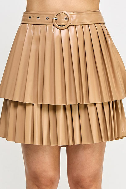 Tiered Pleated Faux Leather Skirt