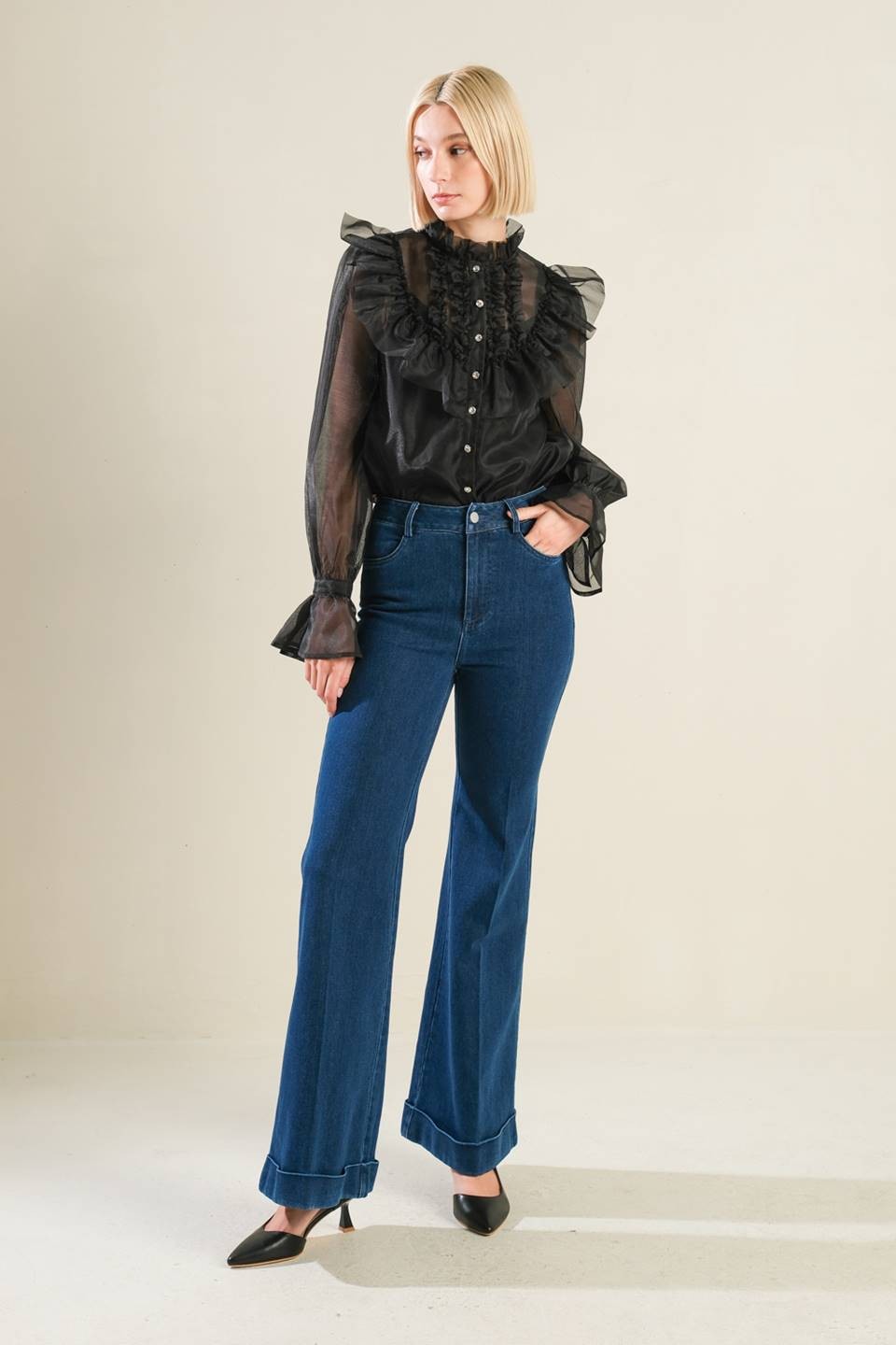 cuffed flare leg high waist jeans