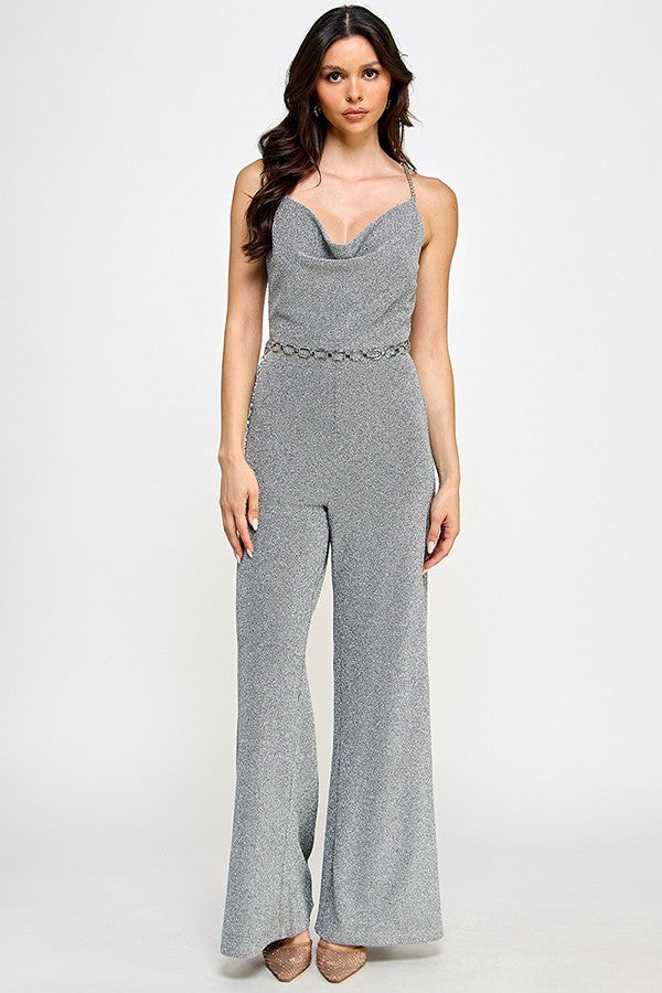 cowl neck chain straps & belt lurex jumpsuit