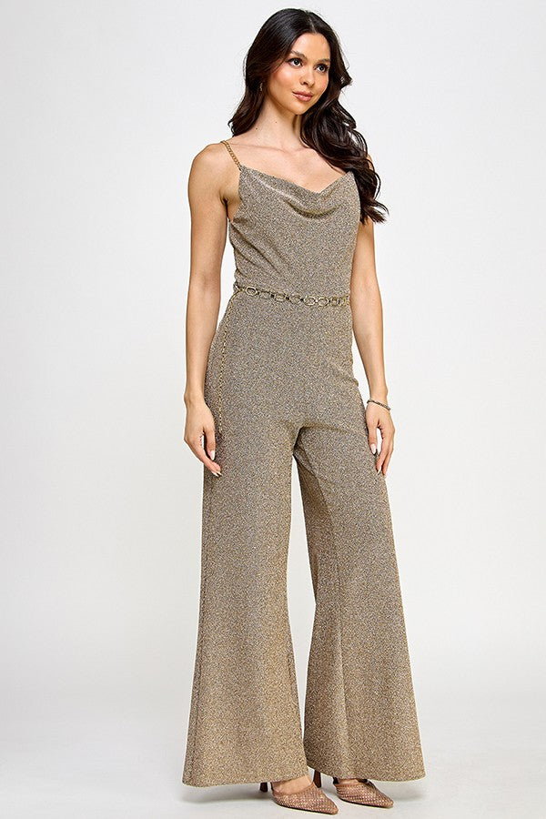 cowl neck chain straps & belt lurex jumpsuit