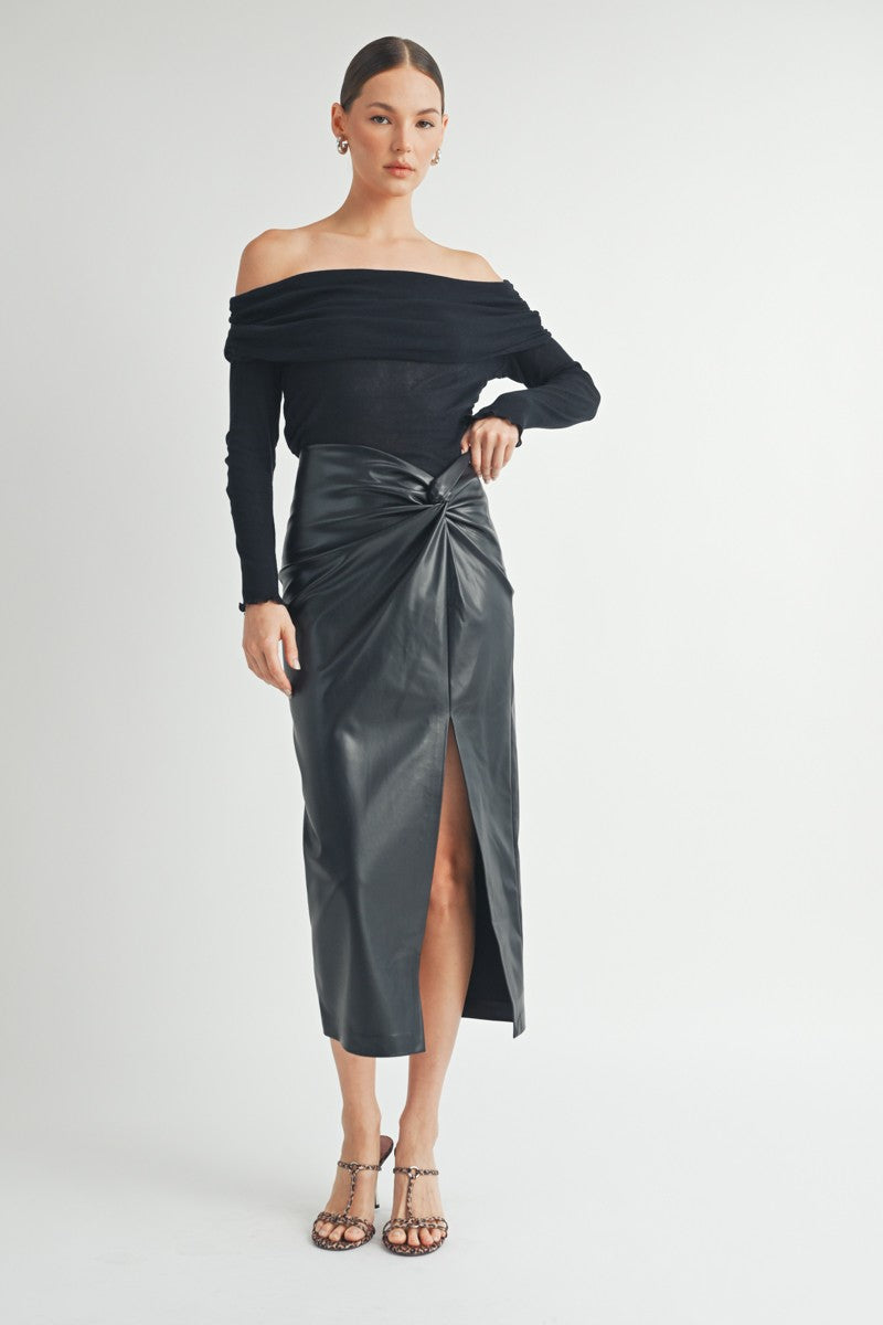 Twist waist Faux Leather Midi Skirt