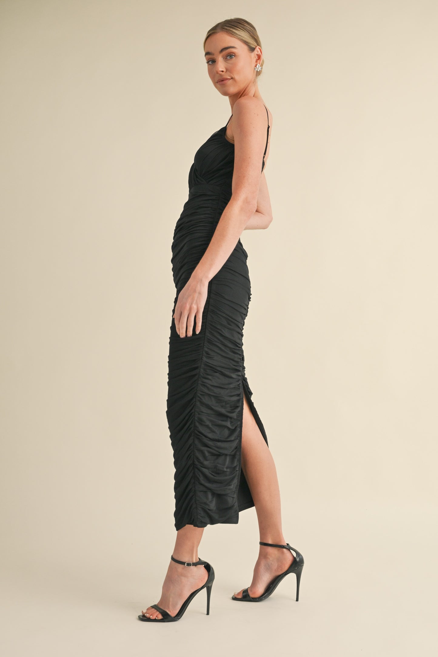 mesh v-neck ruched bodycon midi dress