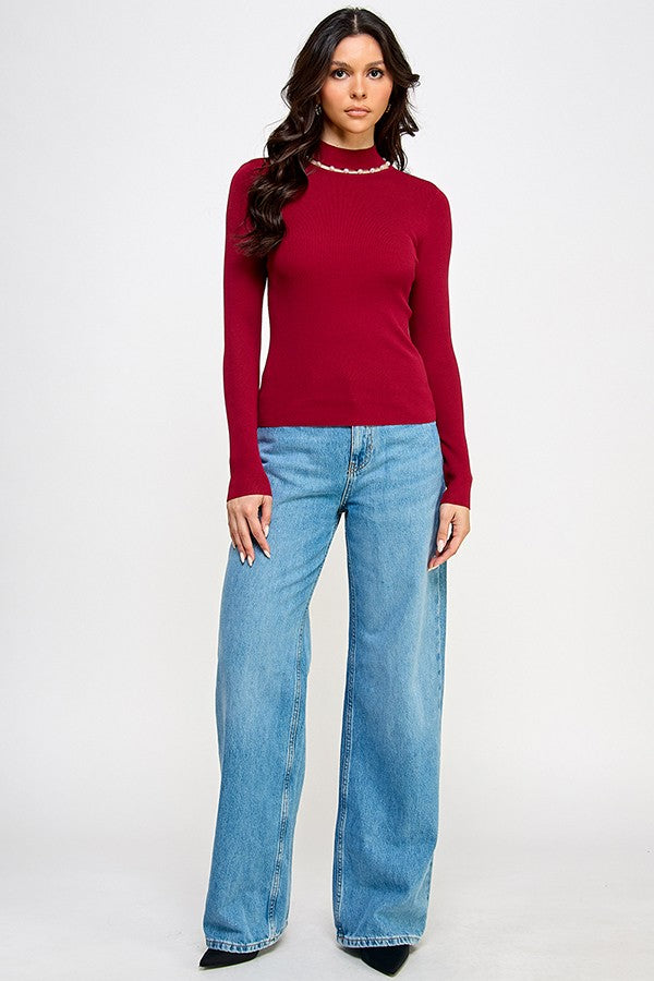 Pearl Mock Long Sleeve Sweater Top