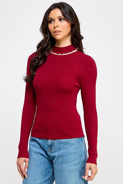 Pearl Mock Long Sleeve Sweater Top