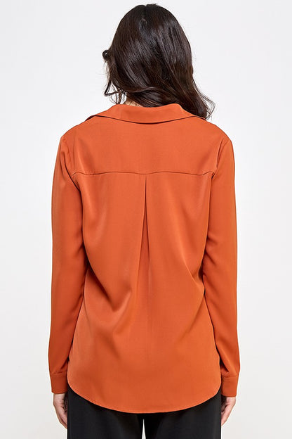 Chain Pocket Flap Long Sleeve Button Up Blouse