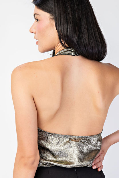 metallic surplice halter bodysuit