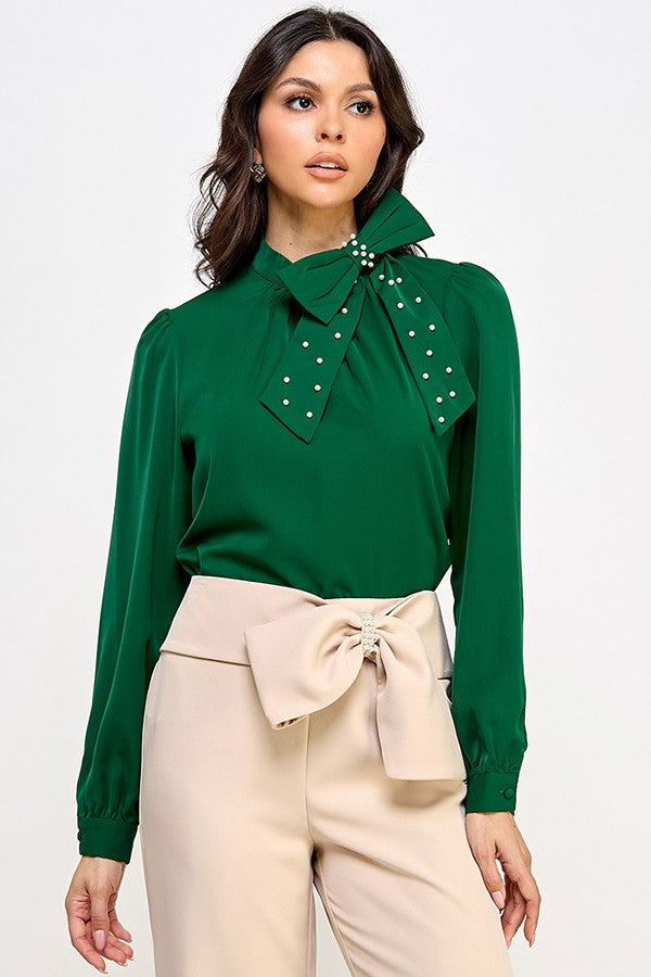 Pearl Detail Bow Long Sleeve Top