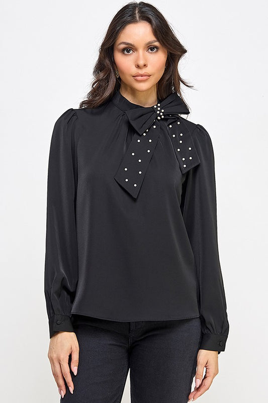 Pearl Detail Bow Long Sleeve Top