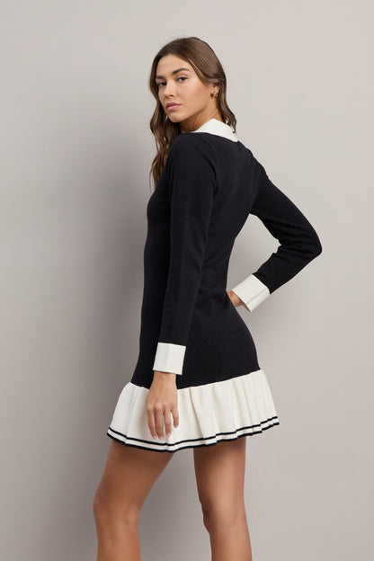 contrast collared ruffle hem dress