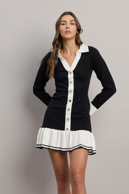 contrast collared ruffle hem dress