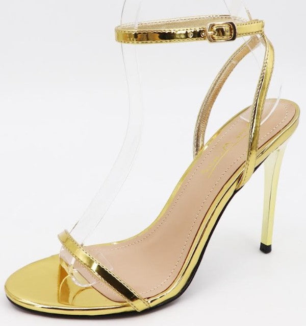 metallic ankle strap stiletto heel shoe