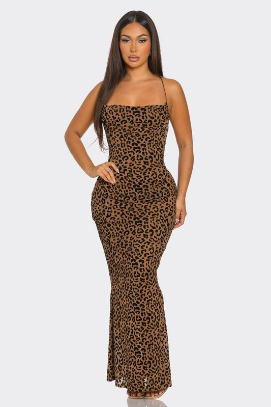 leopard open back maxi dress