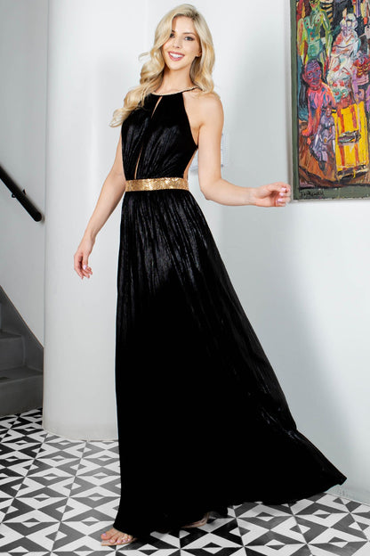 metallic open back jeweled trim maxi dress
