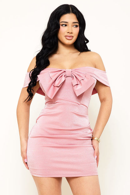 off the shoulder bow metallic mini dress