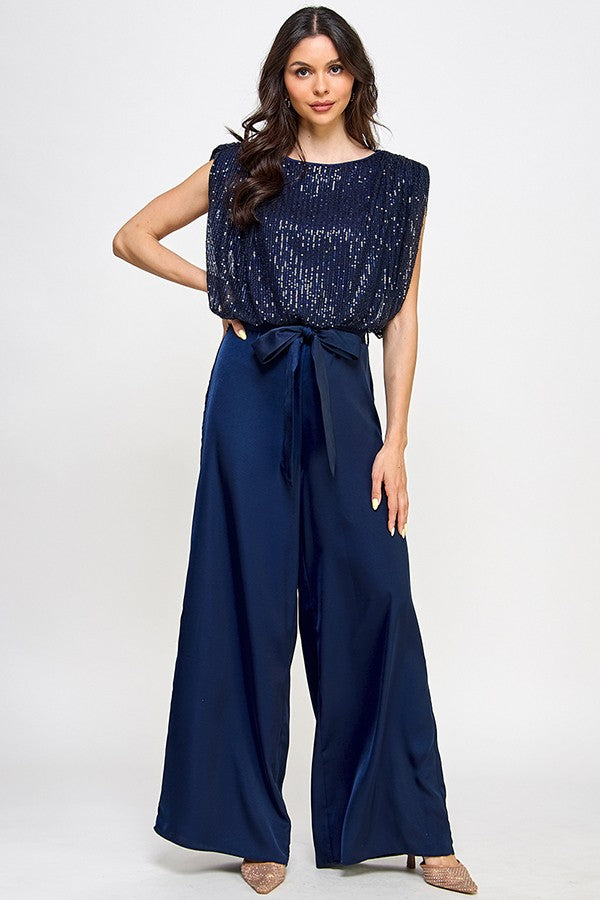 Sequin Top with Pleated Pants Jumpsuit