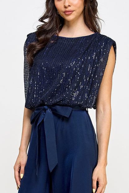 Sequin Top with Pleated Pants Jumpsuit