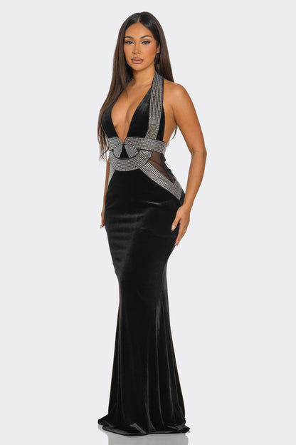 rhinestone pattern velvet halter maxi dress