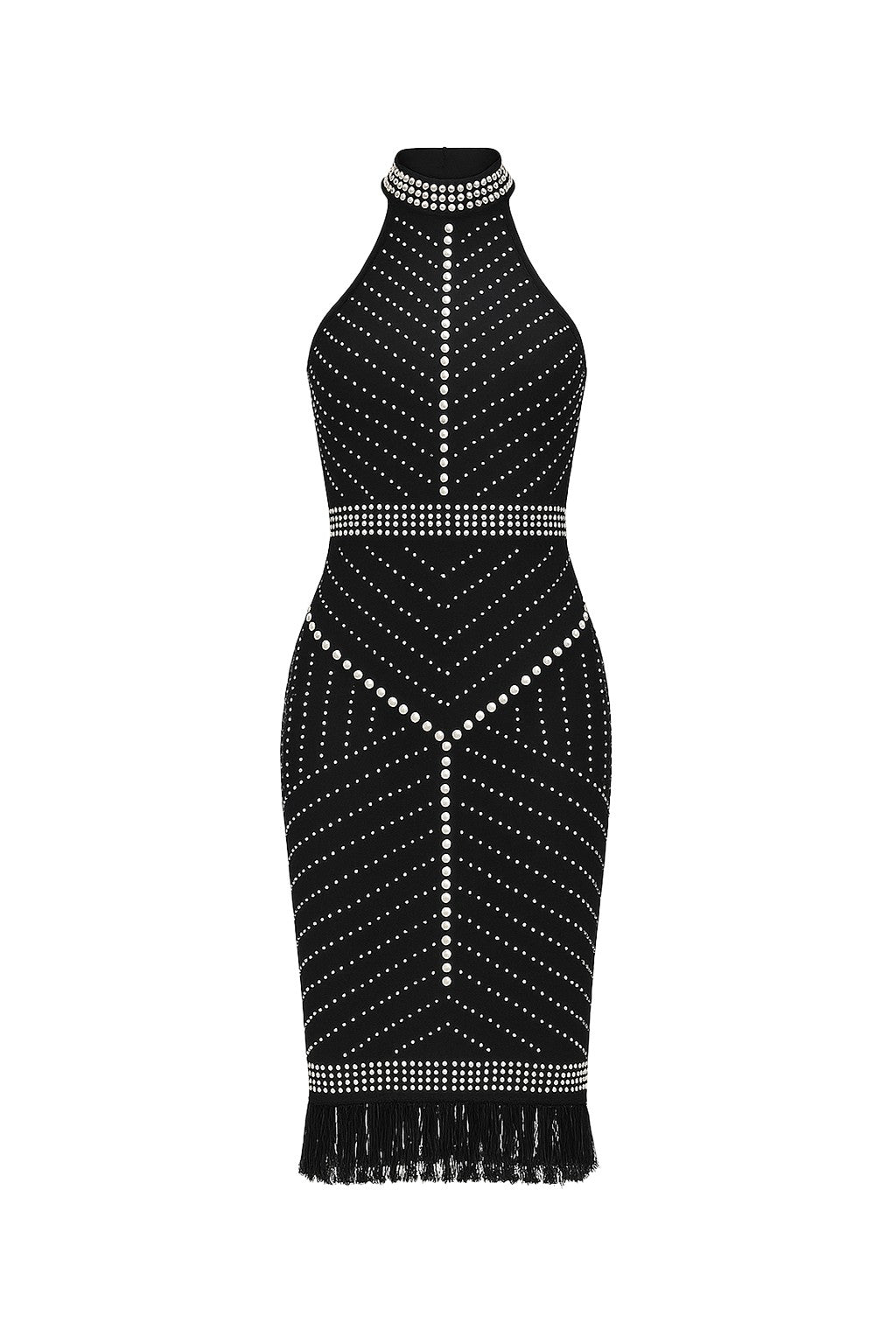 Bandage Halter Pearl Embellished Dress Fringe