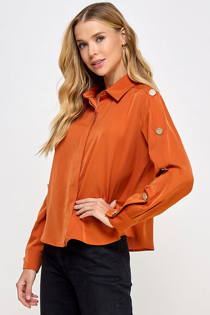 Gold Button Sleeves Button Down Blouse