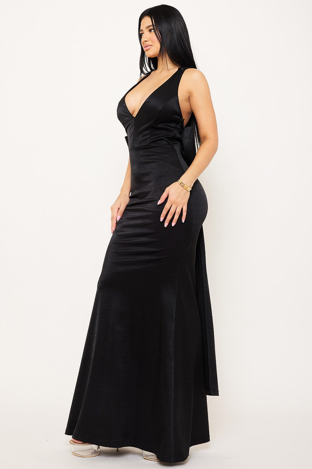 metallic bow back v neck maxi dress