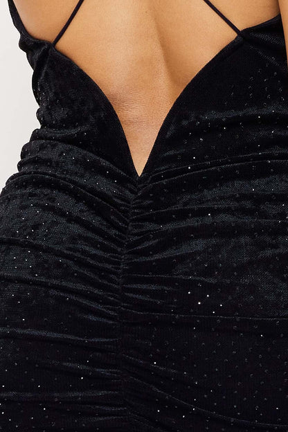 Rhinestone On Velvet Pleated Mini Dress