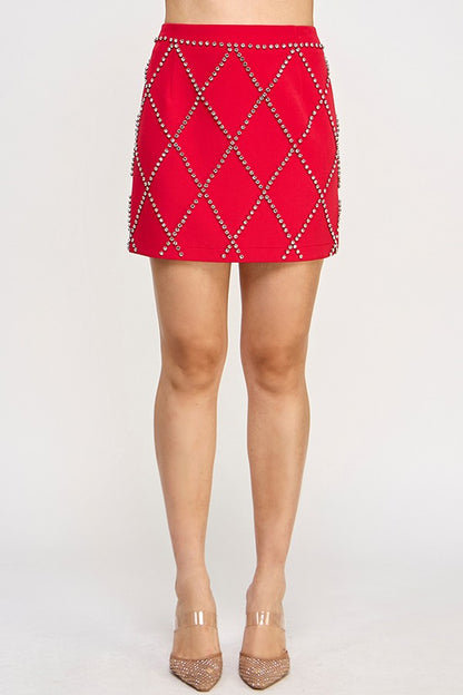 diamond pattern rhinestone mini skirt