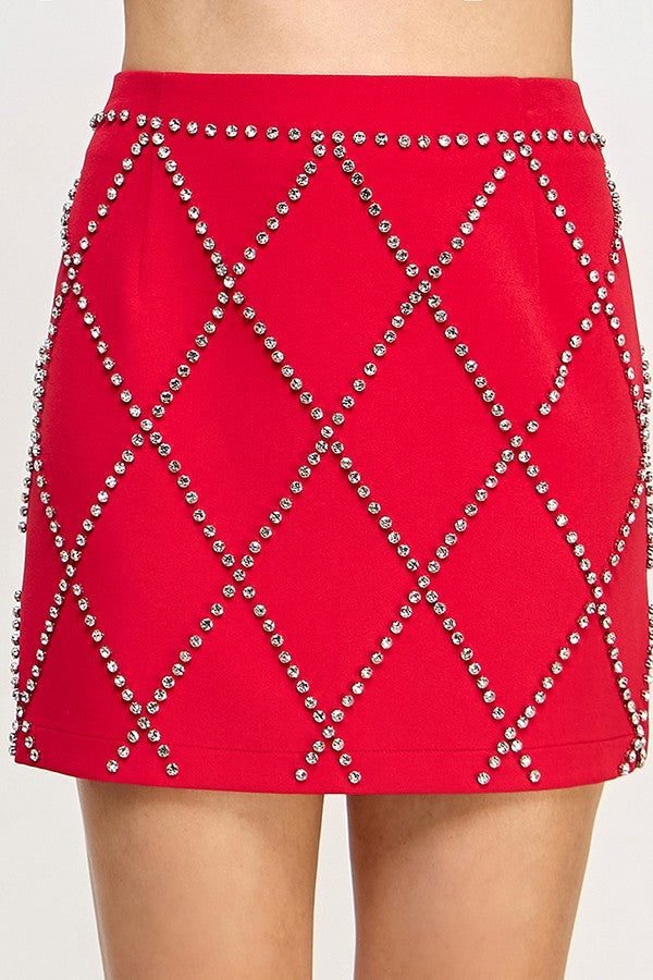 diamond pattern rhinestone mini skirt