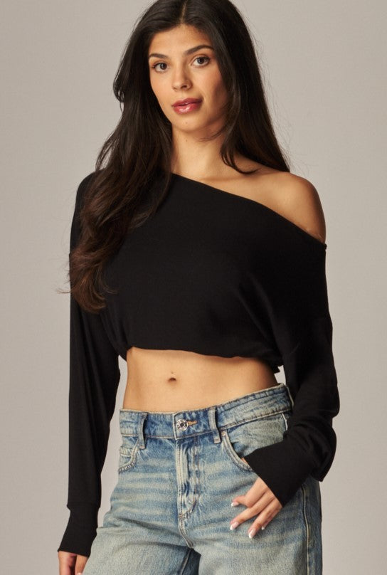 Soft Ribbed Knit Off Shoulder Long Sleeve Top
