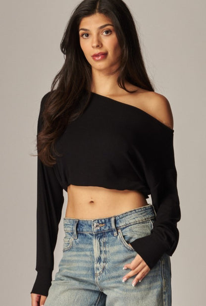 Soft Ribbed Knit Off Shoulder Long Sleeve Top