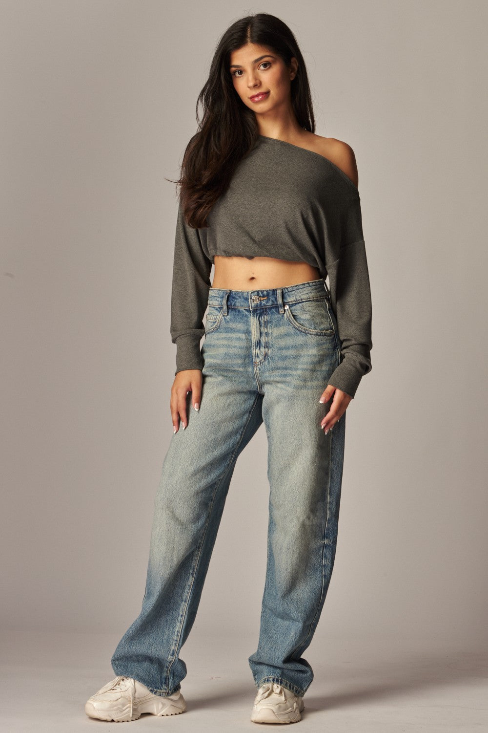 Soft Ribbed Knit Off Shoulder Long Sleeve Top