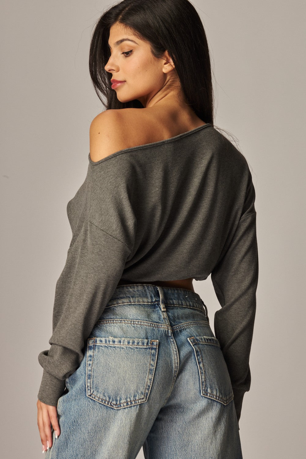 Soft Ribbed Knit Off Shoulder Long Sleeve Top