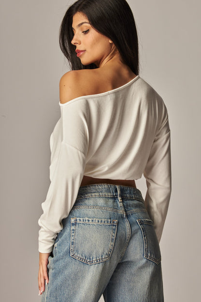 Soft Ribbed Knit Off Shoulder Long Sleeve Top