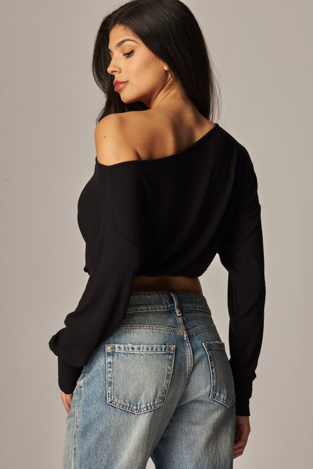 Soft Ribbed Knit Off Shoulder Long Sleeve Top