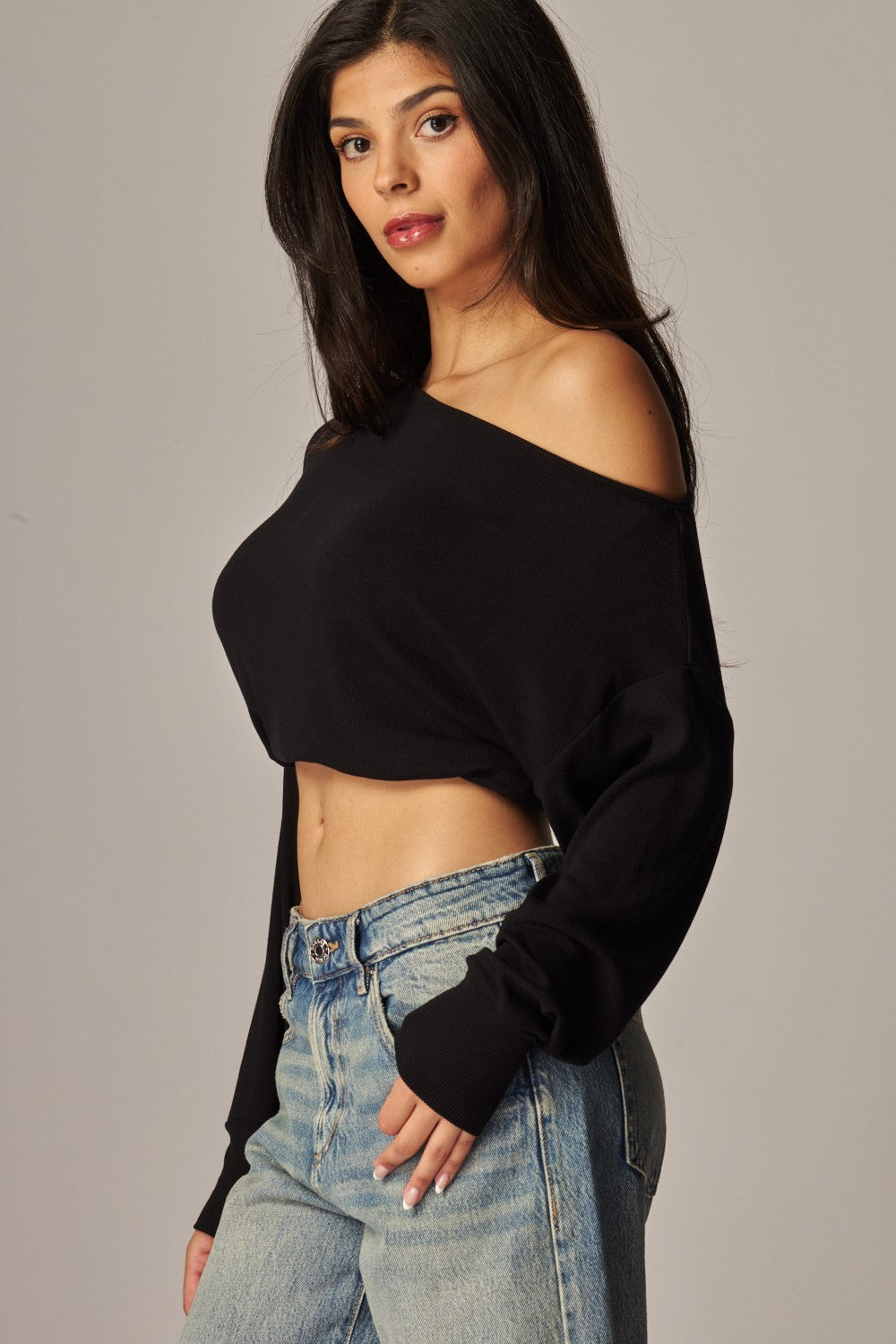 Soft Ribbed Knit Off Shoulder Long Sleeve Top