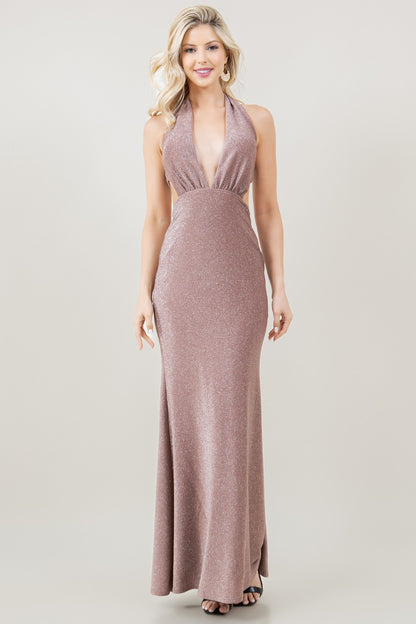 Lurex Knit Fabric Halter Open Back Long Dress