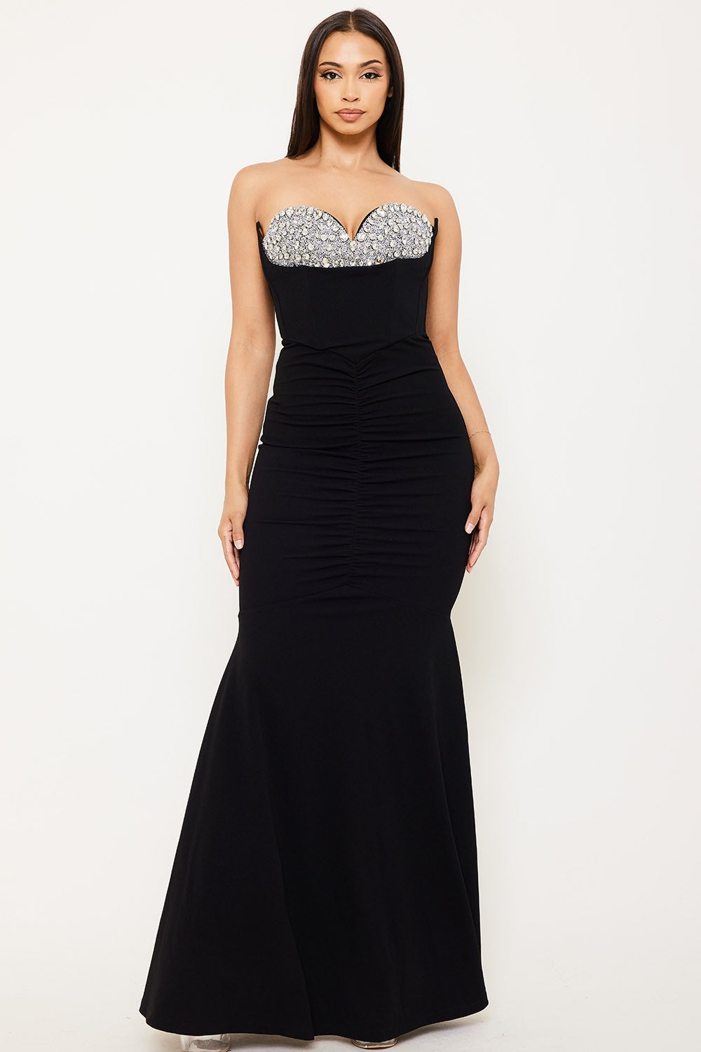 rhinestone encrusted bust strapless mermaid maxi dress