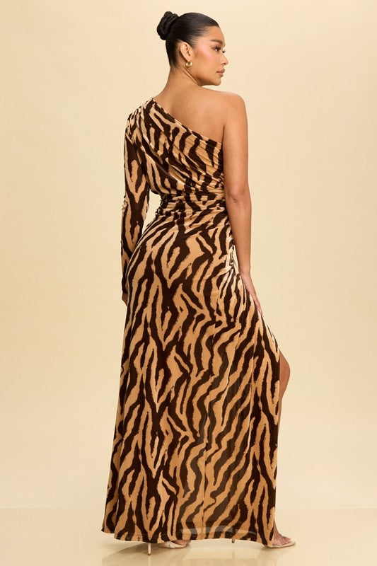 zebra print one shoulder maxi dress